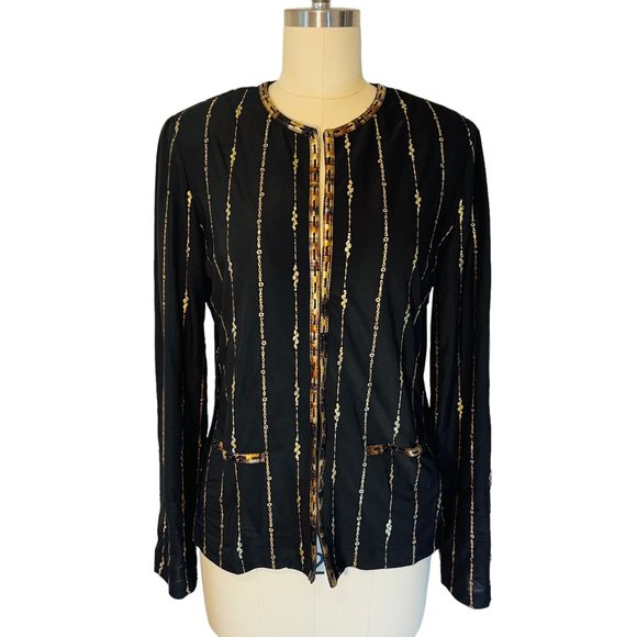 Joseph Ribkoff Black Jacket Gold Metallic Leather Cocktail Evening LS sz 6 EUC! - Picture 1 of 4